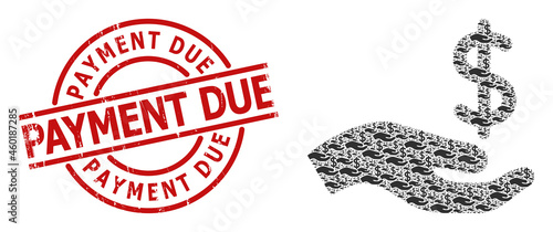 Red round badge includes Payment Due caption inside circle. Vector dollar donation hand fractal is designed from repeating recursive dollar donation hand parts. Scratched Payment Due badge,