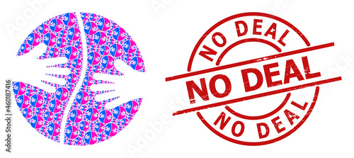 Red round badge has No Deal text inside circle. Vector cooperation hands composition is formed from repeating recursive cooperation hands items. Scratched No Deal imprint,