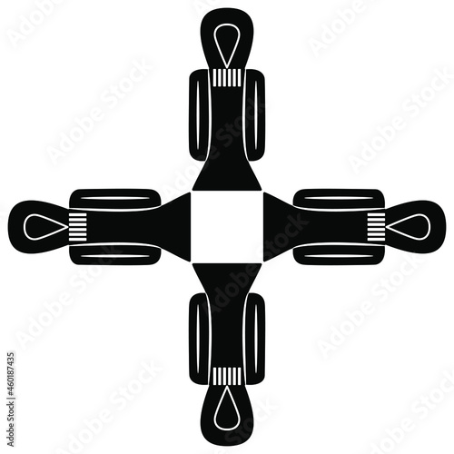 Cross made of four ancient Egyptian sacred symbols Tyet. Knot of Isis or girdle of Isis. Ankh amulet. Black and white negative silhouette.