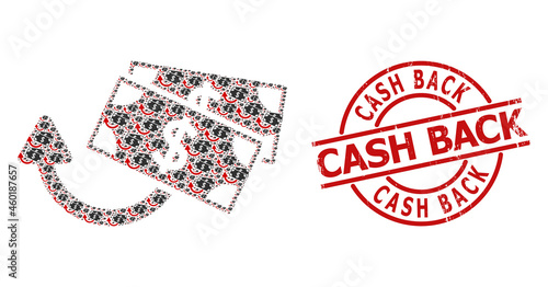 Red round stamp seal has Cash Back title inside circle. Vector dollar banknotes refund collage is created with scattered fractal dollar banknotes refund parts. Rubber Cash Back stamp seal,