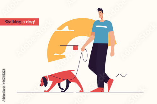 Vector illustration depicting a young smiling man walking a dog on a leash.Editable stroke