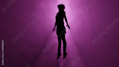 Woman , girl floating in fog , mist. Astral plane. Clothed female floats in ethereal realm. Human silhouette in Volumetric light rays. 3d render illustration