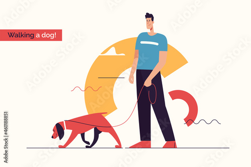 Vector illustration depicting a young smiling man walking a dog on a leash.Editable stroke