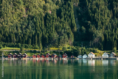 Landscape of houses by the lake, Vestland county, Norway