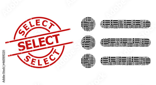 Red round stamp seal has Select caption inside circle. Vector list items collage is constructed from randomized itself list items pictograms. Grunge Select stamp seal,