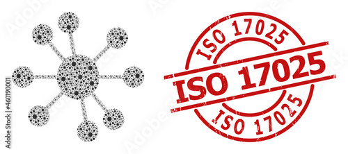 Red round stamp seal includes ISO 17025 tag inside circle. Vector node relations collage is composed with scattered recursive node relations items. Textured ISO 17025 stamp seal,