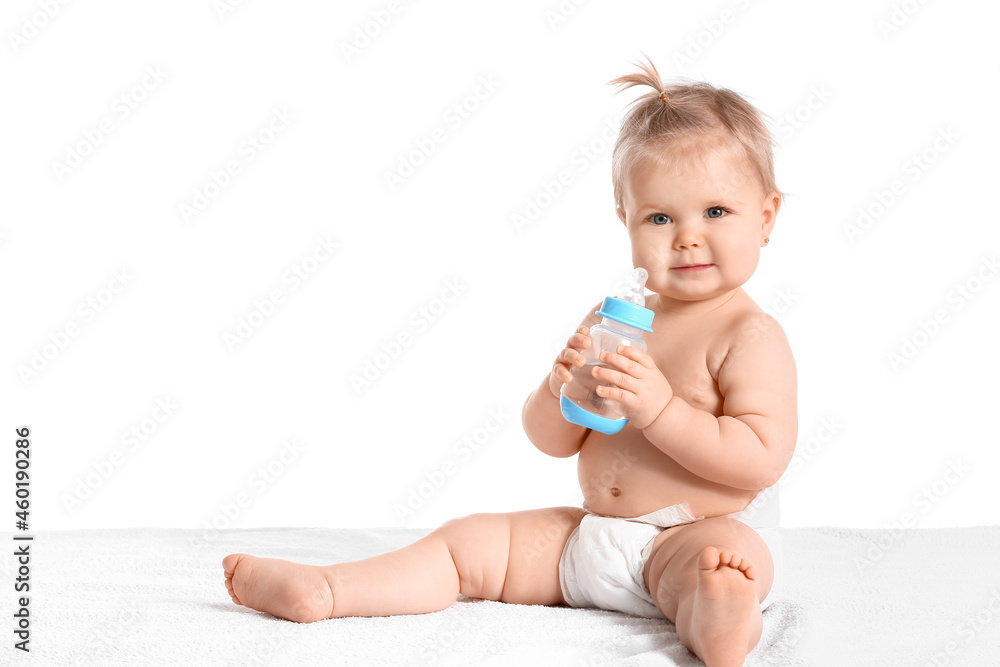 Cute baby girl with bottle of water on white background Cute baby girl with bottle of water on white background