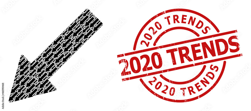 Red round seal has 2020 Trends text inside circle. Vector left down arrow composition is done from randomized recursive left down arrow elements. Rubber 2020 Trends imprint, Red round seal has 2020 Trends text inside circle. Vector left down arrow composition is done from randomized recursive left down arrow elements. Rubber 2020 Trends imprint,