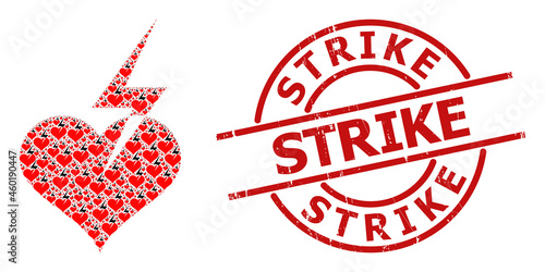 Red round stamp seal includes Strike caption inside circle. Vector heart strike composition is organized of repeating recursive heart strike elements. Grunge Strike seal,