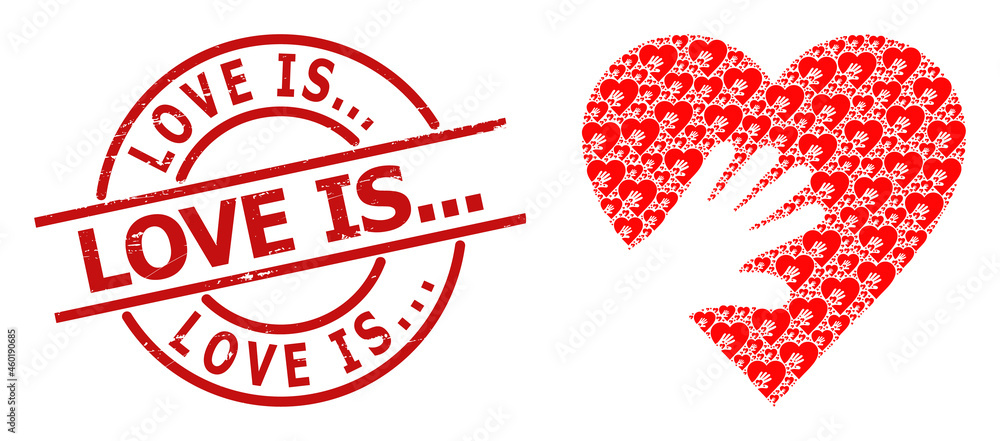 Red round stamp includes Love Is... text inside circle. Vector hand touch heart composition is composed of scattered fractal hand touch heart parts. Textured Love Is... stamp seal, Red round stamp includes Love Is... text inside circle. Vector hand touch heart composition is composed of scattered fractal hand touch heart parts. Textured Love Is... stamp seal,
