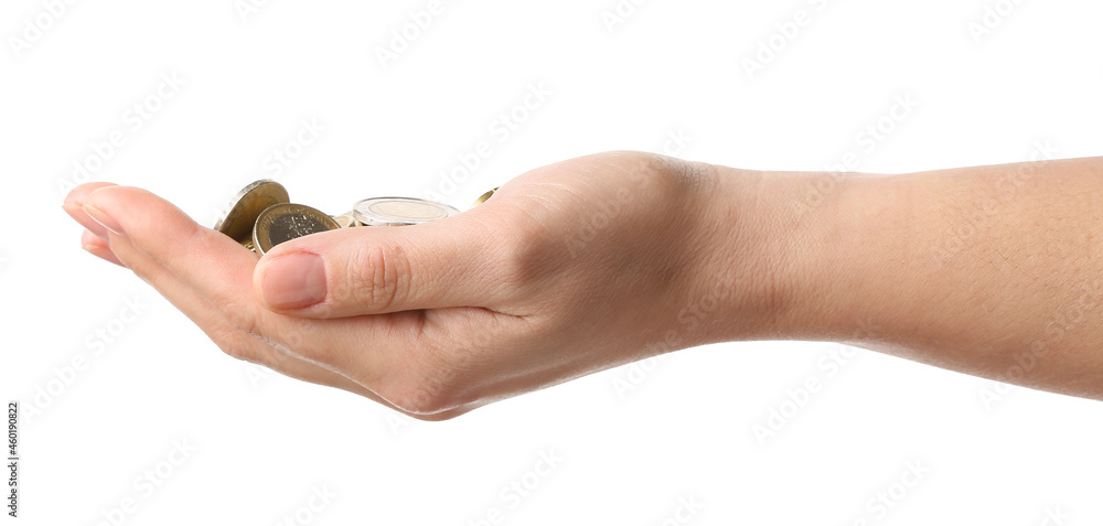 Female hand with coins on white background Female hand with coins on white background