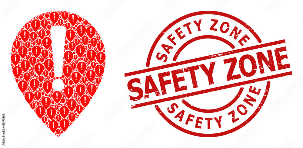 Red round stamp seal contains Safety Zone title inside circle. Vector notice map pointer composition is designed from random fractal notice map pointer parts. Textured Safety Zone stamp seal, Red round stamp seal contains Safety Zone title inside circle. Vector notice map pointer composition is designed from random fractal notice map pointer parts. Textured Safety Zone stamp seal,