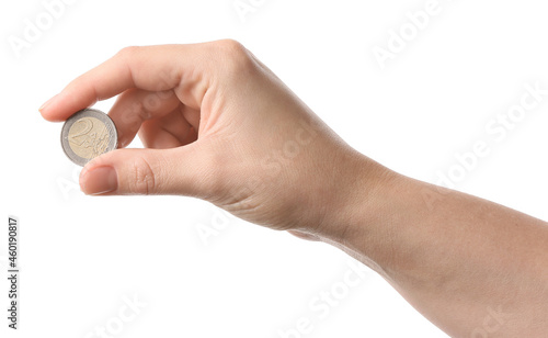 Female hand with coin on white background