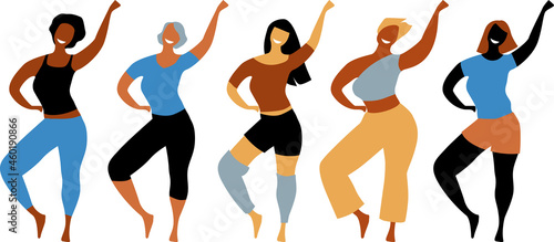 Diverse group of women participating in a dance  workout class,  EPS 8 vector illustration