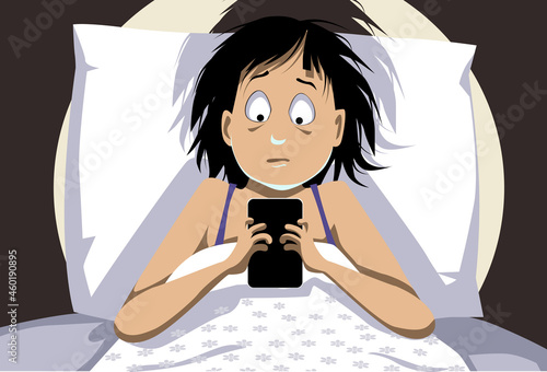 Teenage girl addicted to internet in bed late at night checking her smartphone, EPS 8 vector illustration