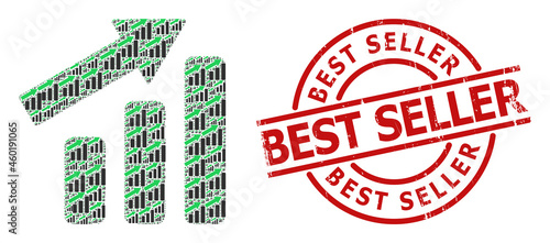 Red round stamp seal has Best Seller text inside circle. Vector up trend bar chart fractal is formed of scattered recursive up trend bar chart items. Grunge Best Seller watermark,