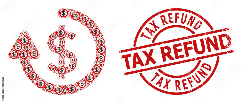 Red round stamp seal includes Tax Refund title inside circle. Vector refund fractal is made of random recursive refund icons. Textured Tax Refund stamp seal, and refund icon recursive mosaic. Red round stamp seal includes Tax Refund title inside circle. Vector refund fractal is made of random recursive refund icons. Textured Tax Refund stamp seal, and refund icon recursive mosaic.