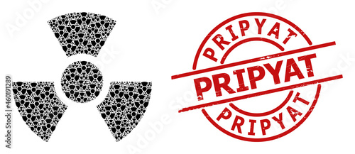 Red round stamp contains Pripyat title inside circle. Vector radioactivity fractal is created from randomized itself radioactivity pictograms. Scratched Pripyat stamp,