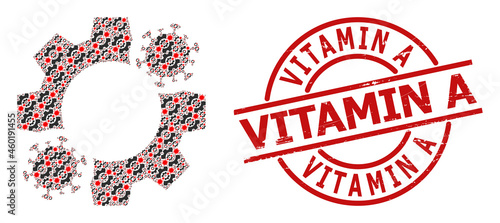 Red round stamp has Vitamin A tag inside circle. Vector virus mechanics fractal is made from randomized recursive virus mechanics pictograms. Distress Vitamin A stamp,