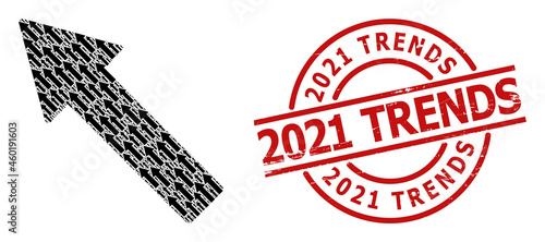Red round seal includes 2021 Trends caption inside circle. Vector left up arrow composition is created from repeating fractal left up arrow pictograms. Distress 2021 Trends badge,