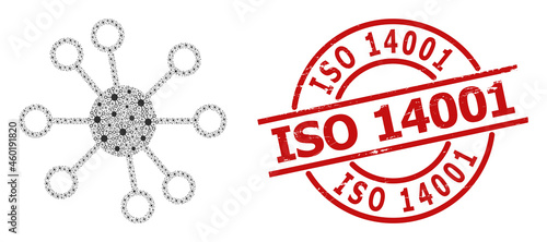 Red round stamp seal contains ISO 14001 tag inside circle. Vector node links composition is made from randomized fractal node links pictograms. Distress ISO 14001 stamp,