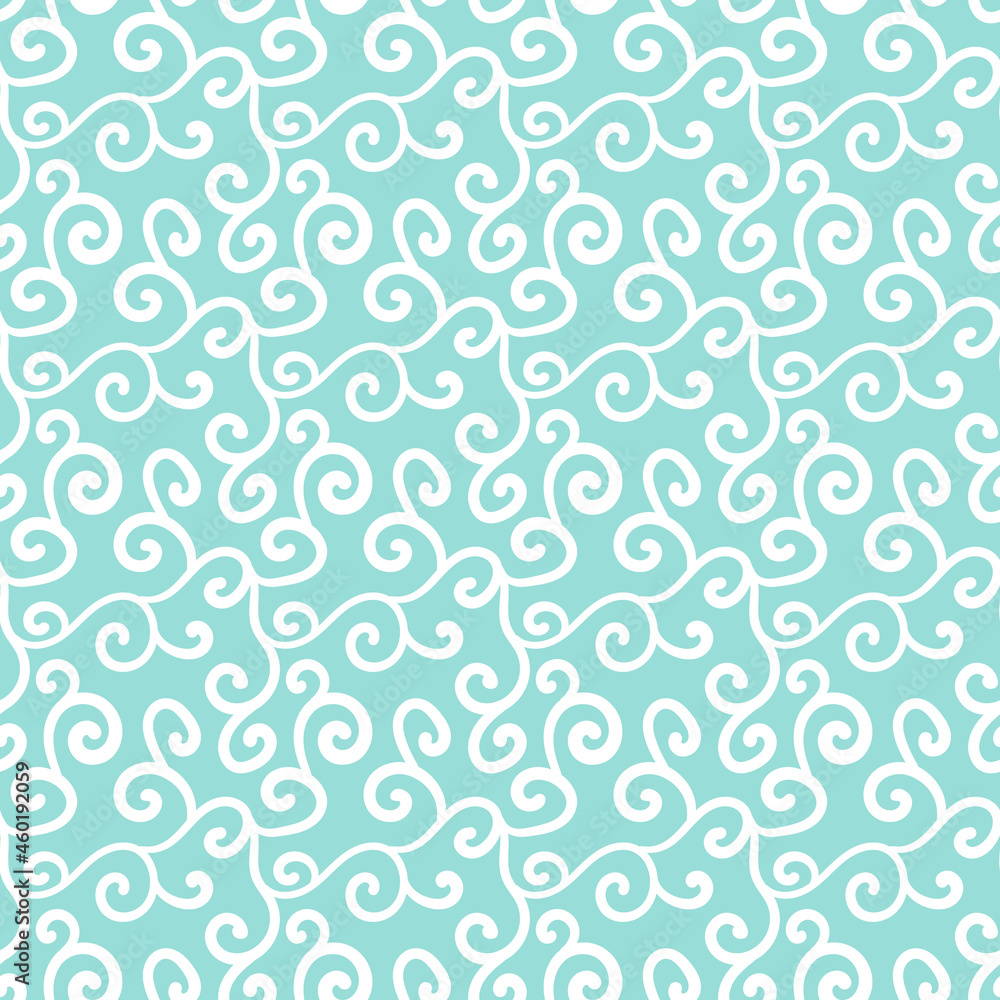 Abstract hand drawn doodle pattern. Spiral branches on light green background. For textile design