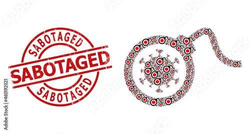 Red round stamp seal contains Sabotaged tag inside circle. Vector virus bomb fractal is made from repeating fractal virus bomb items. Grunge Sabotaged stamp seal,