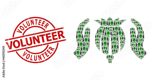 Red round stamp seal includes Volunteer text inside circle. Vector poppy care hands collage is constructed of repeating recursive poppy care hands icons. Rubber Volunteer seal,