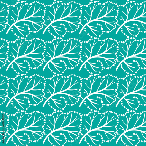 Floral seamless pattern. Leaves on turquoise background. Doodle hand drawn ornament of dots and lines for textile design