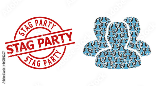 Red round stamp seal contains Stag Party caption inside circle. Vector people fractal is created from repeating recursive people items. Scratched Stag Party stamp seal,