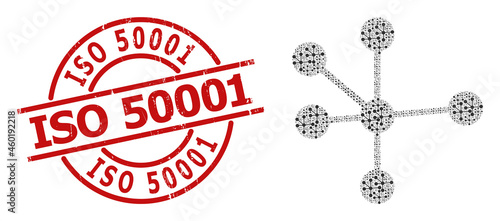 Red round badge includes ISO 50001 caption inside circle. Vector node connections fractal is composed from random fractal node connections items. Scratched ISO 50001 imprint,