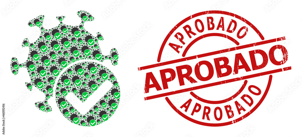 Red round seal contains Aprobado title inside circle. Vector virus confirmed fractal is created of repeating recursive virus confirmed pictograms. Textured Aprobado imprint, Red round seal contains Aprobado title inside circle. Vector virus confirmed fractal is created of repeating recursive virus confirmed pictograms. Textured Aprobado imprint,