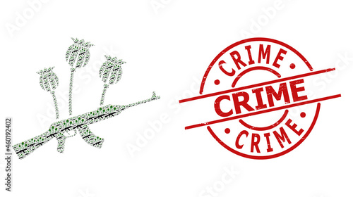 Red round stamp has Crime text inside circle. Vector opium poppy crime mosaic is composed with randomized fractal opium poppy crime parts. Distress Crime stamp seal,