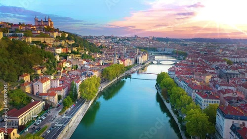 Lyon city france skyline aerial view drone footage of city lyon skyline panoramic view.