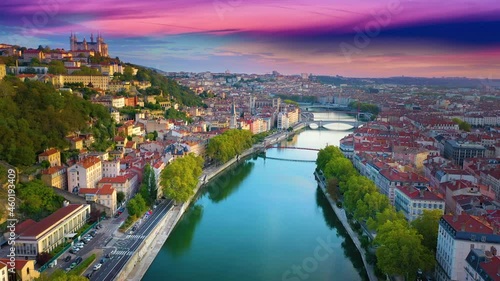 France Lyon aerial skyline view birds view of old town cathedral church river bridge in 4k.