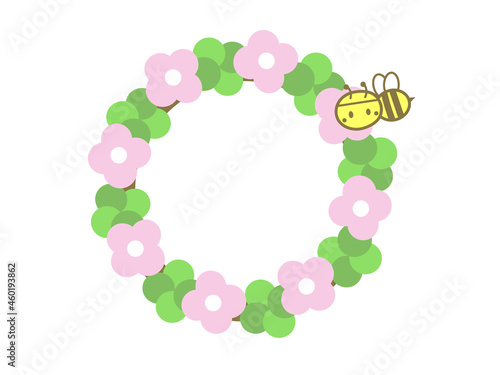 クローバーと花のリースによってくる可愛いミツバチ_フレーム