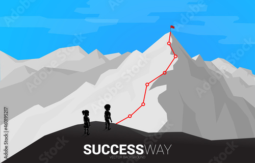 Children and Route to the top of mountain. Concept of Goal, Mission, Vision, Career path, Vector concept Polygon dot connect line style