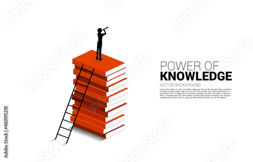 Silhouette of businessman looking through telescope standing on top of book stack with ladder. Concept background for power of knowledge.