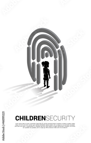 girl standing in finger scan icon. Background concept for children security and privacy technology for identity data
