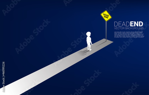 Silhouette boy standing with dead end signage . Concept of no future for children.