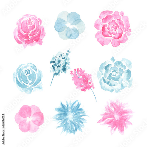 Set of Pink and Blue Loose Watercolor Flowers. Beautiful Artwork to Use For Print, Postcard, Fabric or Wrapping Paper