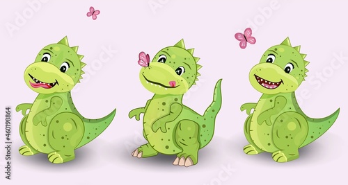 three cute green dinosaurs on a white background. Isolated. Children's Cartoon. Card. Pink butterflies sit on the nose. Insect. Predator. Stock Vector illustration. Dragon. Fun. Childish.Drawing.