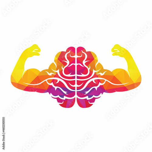 Strong brain vector logo design. Brain with strong double biceps.