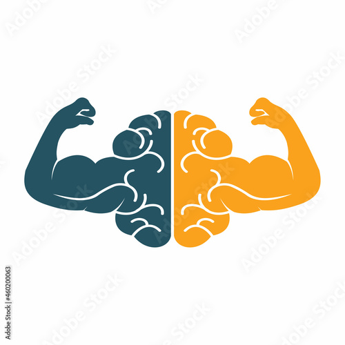 Strong brain vector logo design. Brain with strong double biceps.