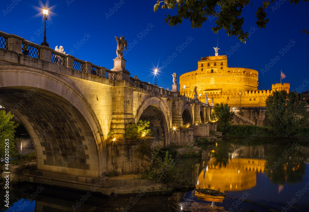 Rome - The Angels castle and bridge at dusk.