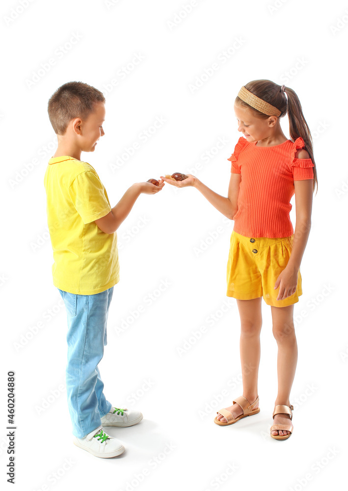 Cute little children with snails on white background