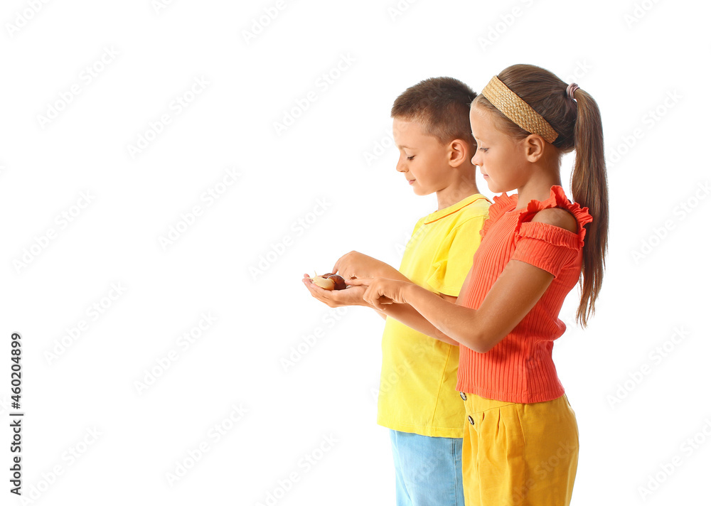 Cute little children with snails on white background Cute little children with snails on white background