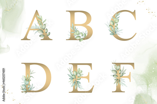 Watercolor floral alphabet set of a, b, c, d, e, f with hand drawn Foliage