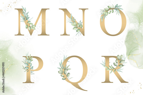Watercolor floral alphabet set of m, n, o, p, q, r with hand drawn Foliage