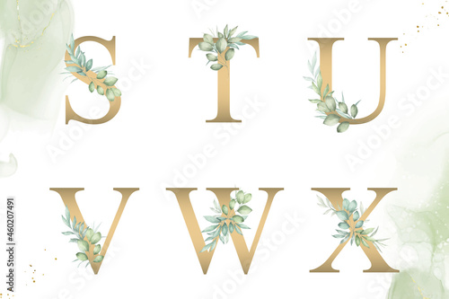 Watercolor floral alphabet set of s, t, u, v, w, x with hand drawn Foliage